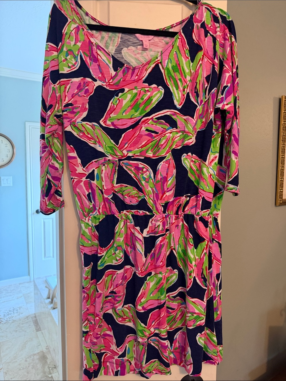 Lilly Pulitzer Navy Coverup with Pink & Green Leaf Print